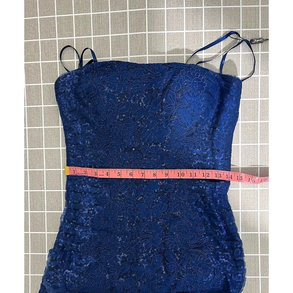 La Femme Navy Blue Floral Strapless Sequin Dress Gown